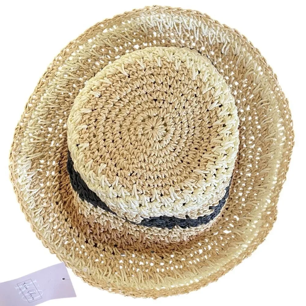 Crochet Stripe Beige Black Ivory Bucket Hat NWT